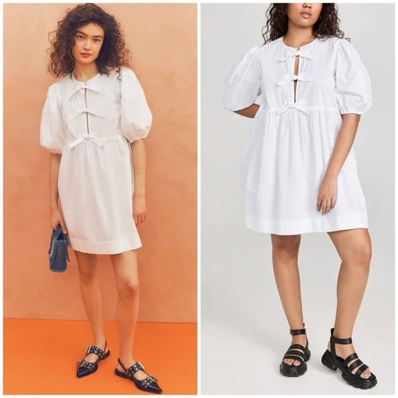 GANNI Cotton Poplin Tie String White Puff Sleeve Mini Dress EU Sz 34 / US sz 2 - Picture 3 of 13